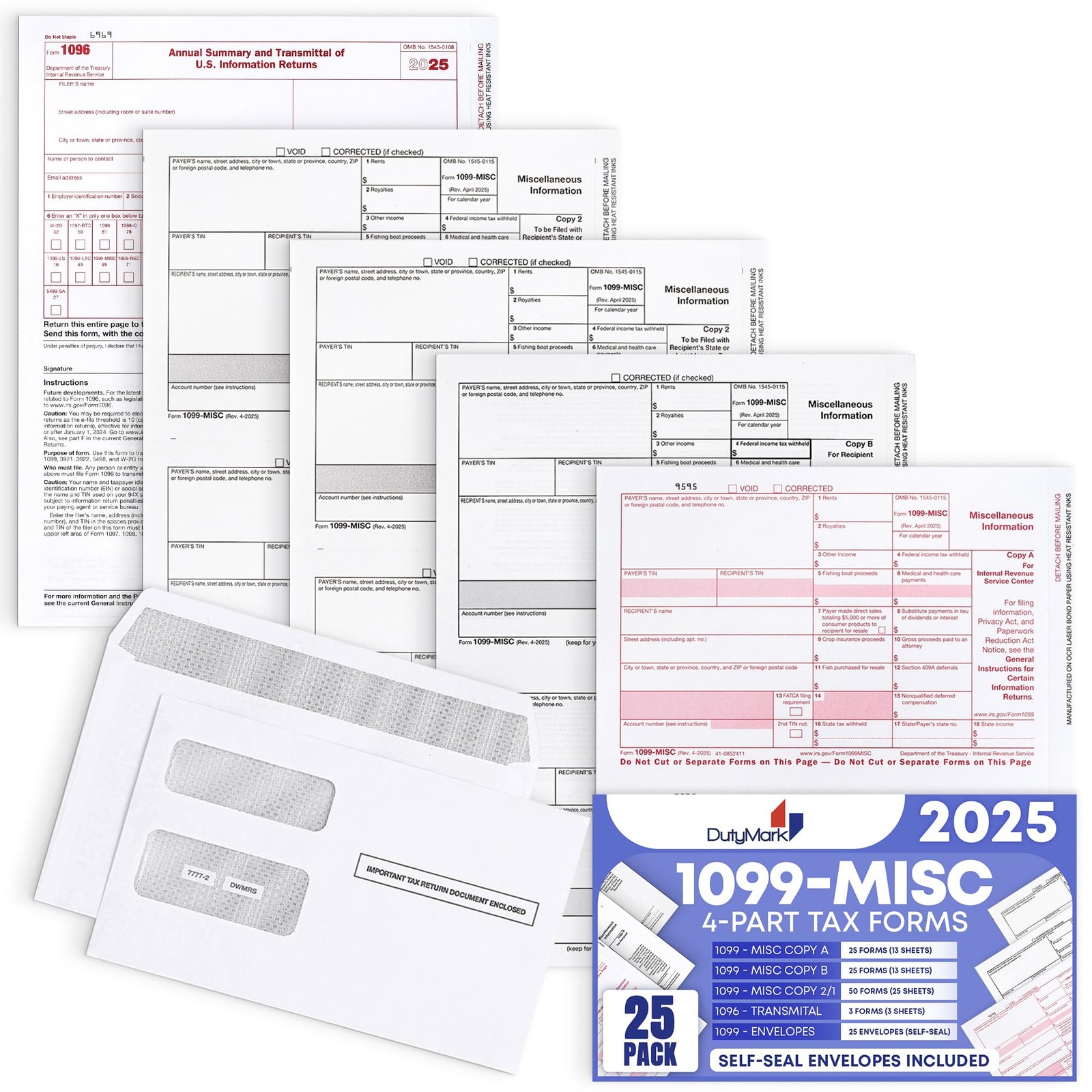 DuryMark 1099 Misc Tax Forms 2025 with Envelopes, 25 Vendor Kit for 4 Part Ta…