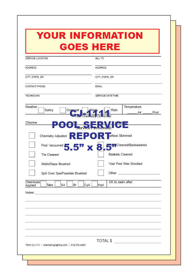 POOL SERVICE REPORT CUSTOM PRINTED 2 or 3 Part Carbonless Forms