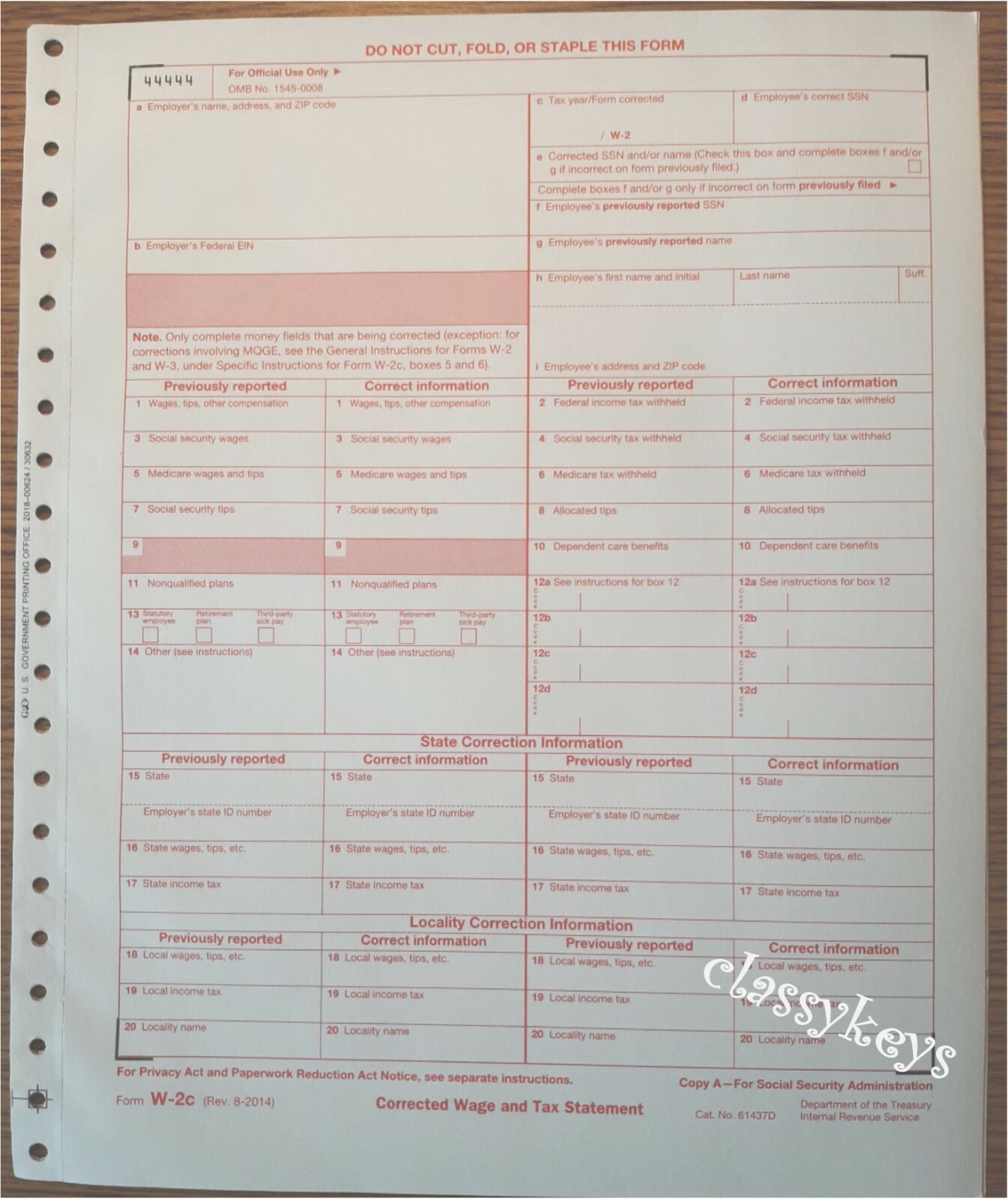 Official IRS Tax Form W-2c Corrected Wage/Tax Stmt, single sheet for 1 employee
