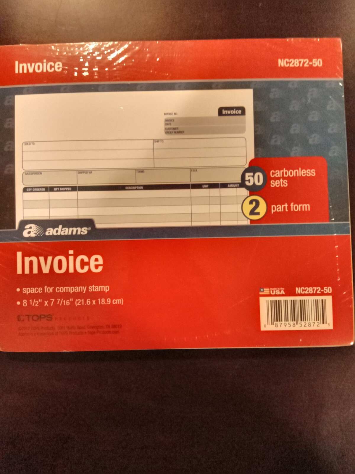 NEW! Adams Invoice Unit Set,, Carbonless, 100/PK (NC2872-50 2 part)