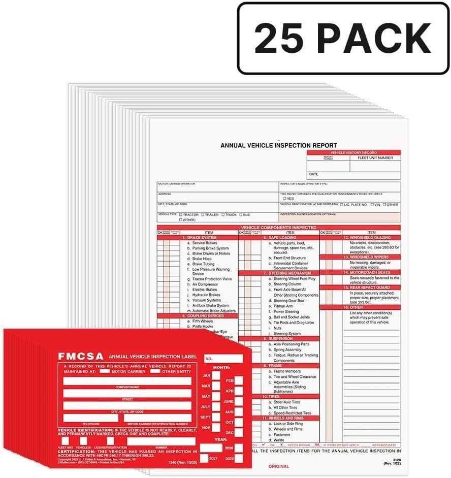 J. J. Keller 25-Pack Vehicle Inspection Forms & Red FMCSA Labels – DOT Compliant