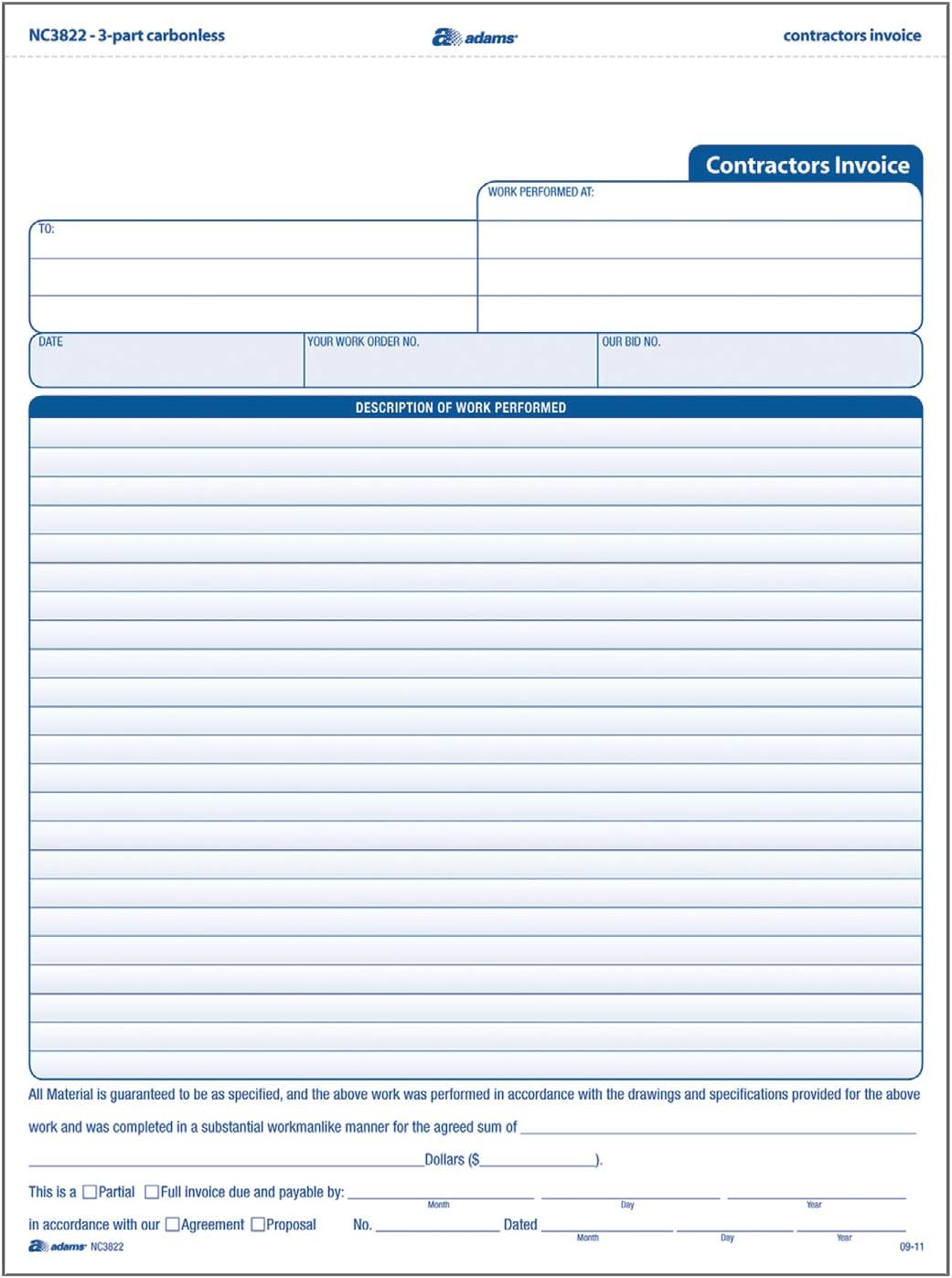 100pk Contractor Invoice Forms 3-Part Carbonless 8.5×11.44″ White/Canary/Pink US