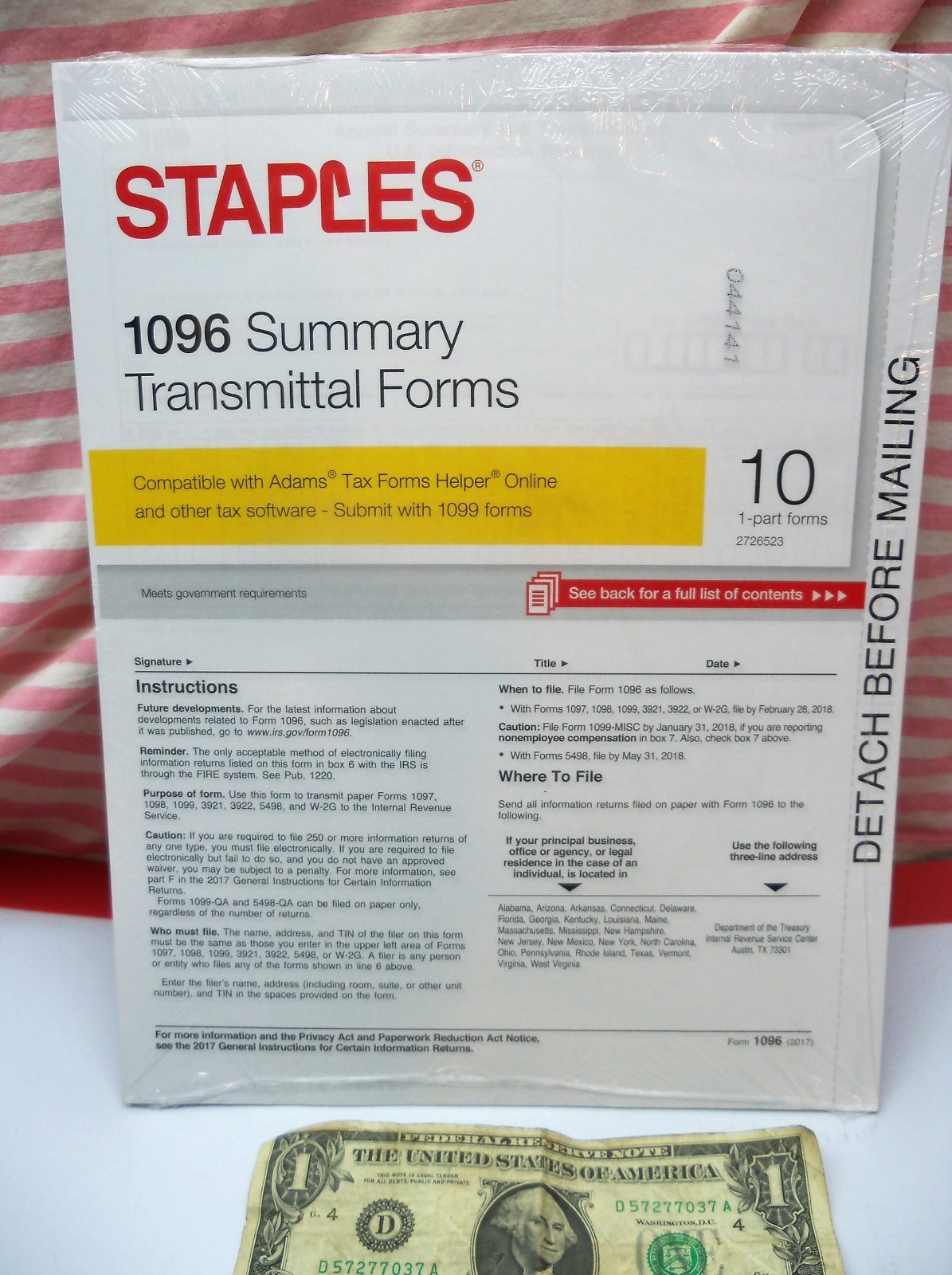 2017 Staples 1096 Summary Transmittal Forms 10 1-part Forms per Package USA NEW