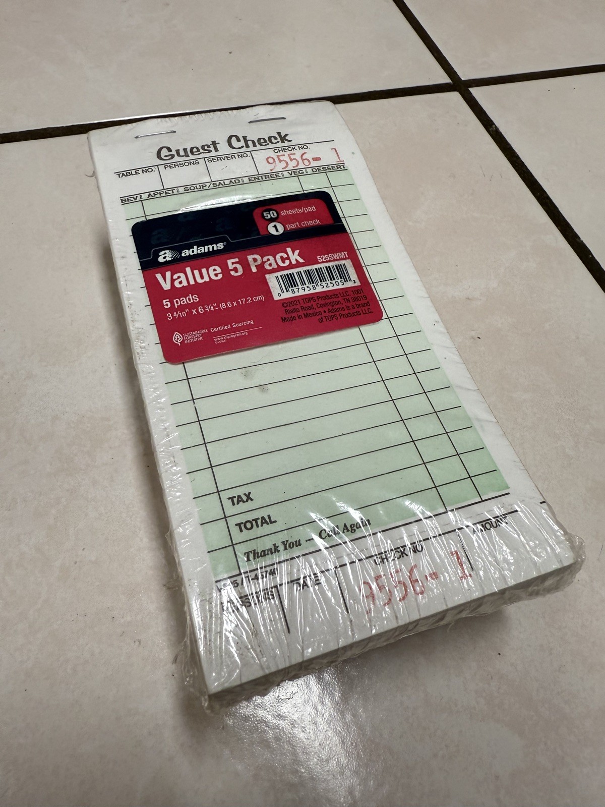 TOPS Guest Check 5-Pad Pack Single Part 50 Sheets/ea =Total 250 Cafe Slips, NEW