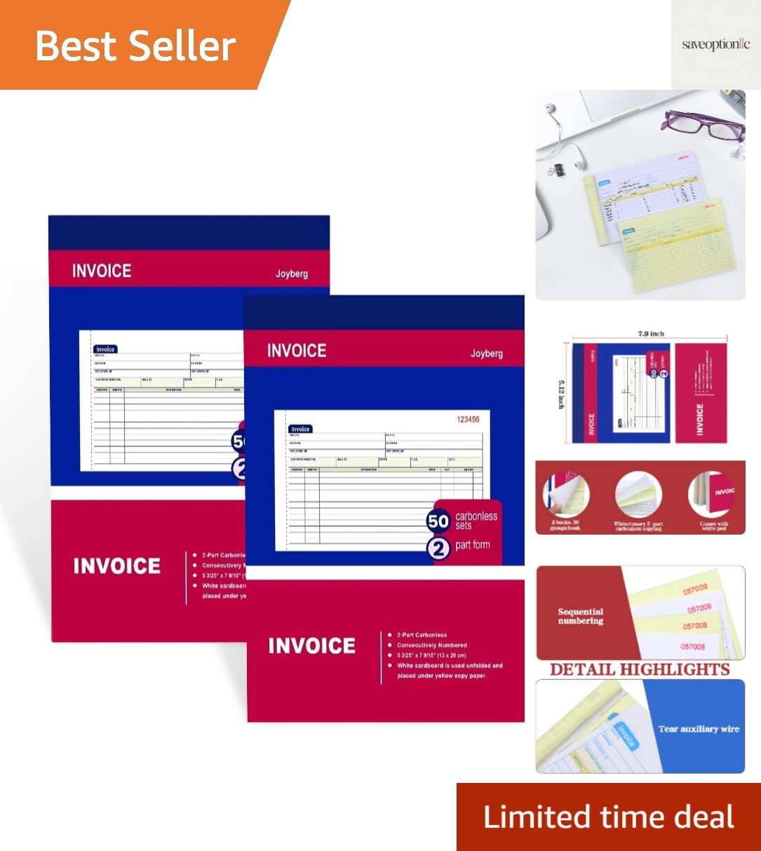 2 Packs Invoice Book for Small Business 2-Part Carbonless, 5-1/8”x7-29/32” Re…