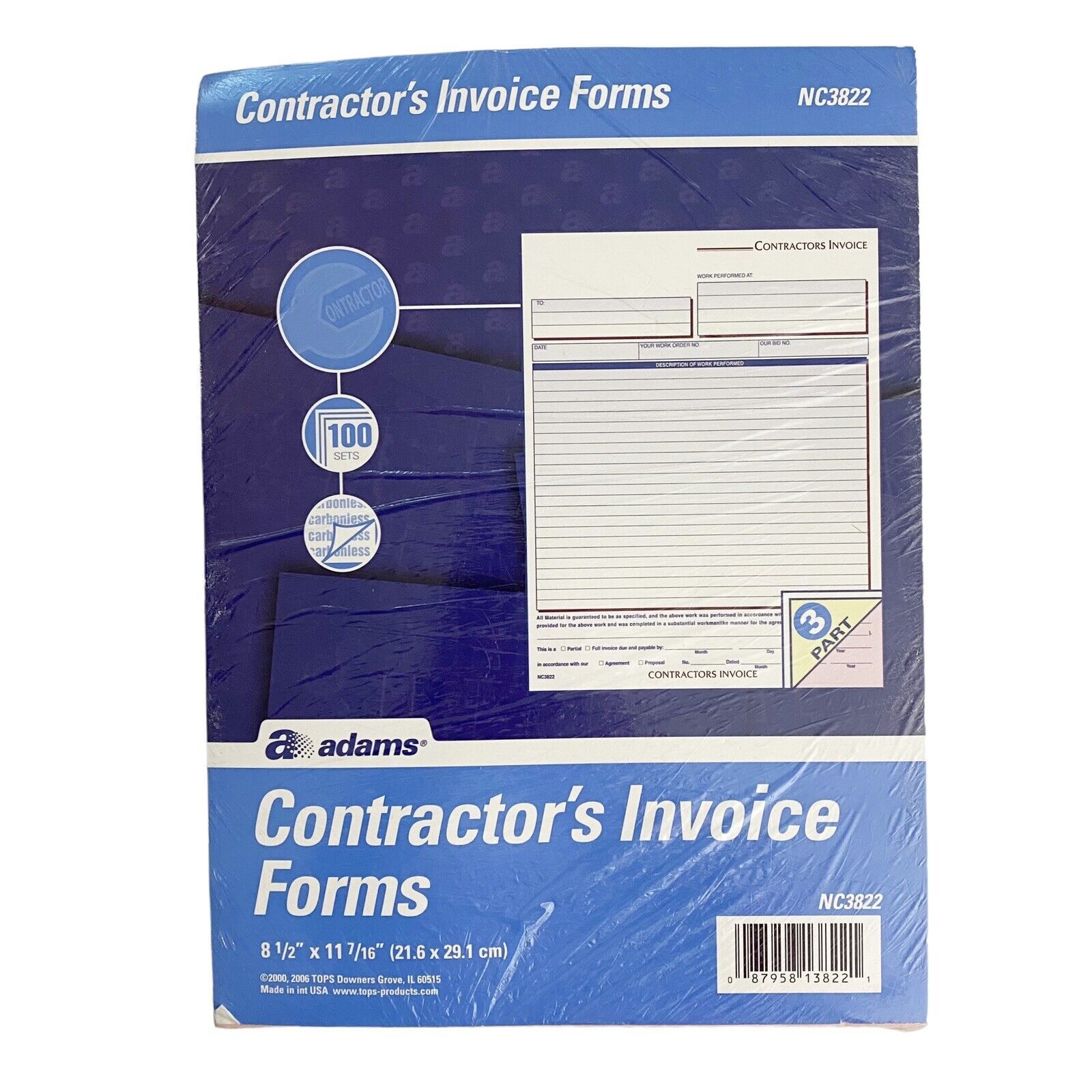 Adams Contractor Invoice Forms, 8.5 x 11.44 Inch, 3-Part, Carbonless, 100-Pack,