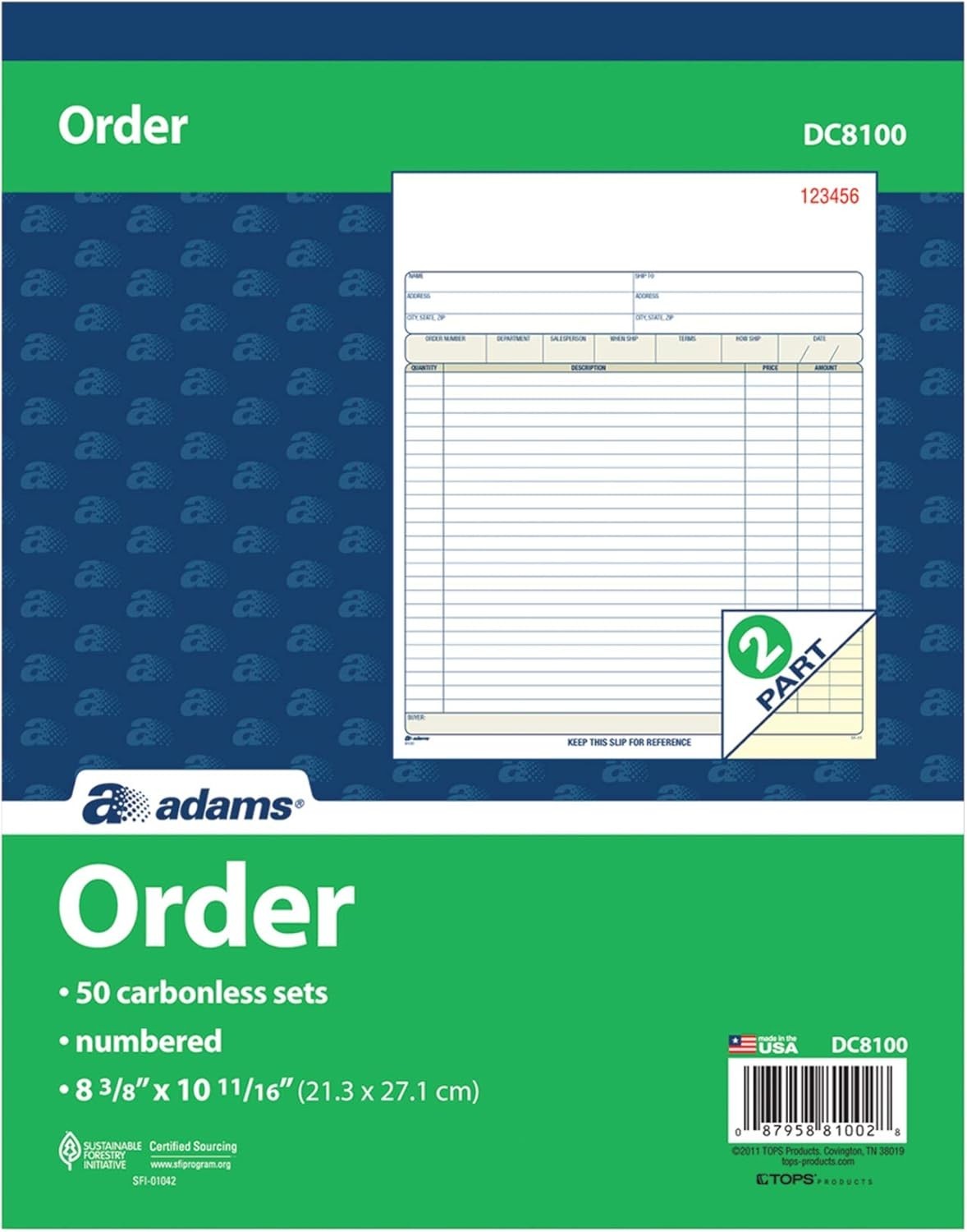 Adams Order Book 2-Part Carbonless 50 Sets 8-3/8×10-11/16″ White Canary DC8100