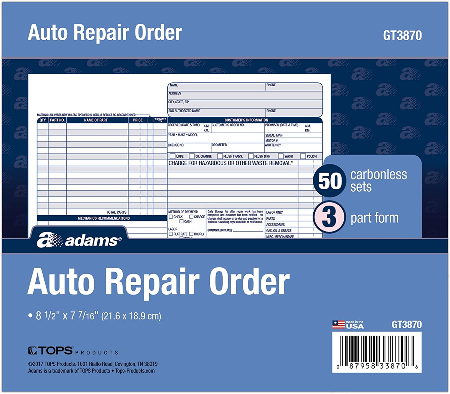 Adams Auto Repair Order Forms, 8.5 X 7.44, 3-Part, Carbonless, 50-Pack (GT3870)