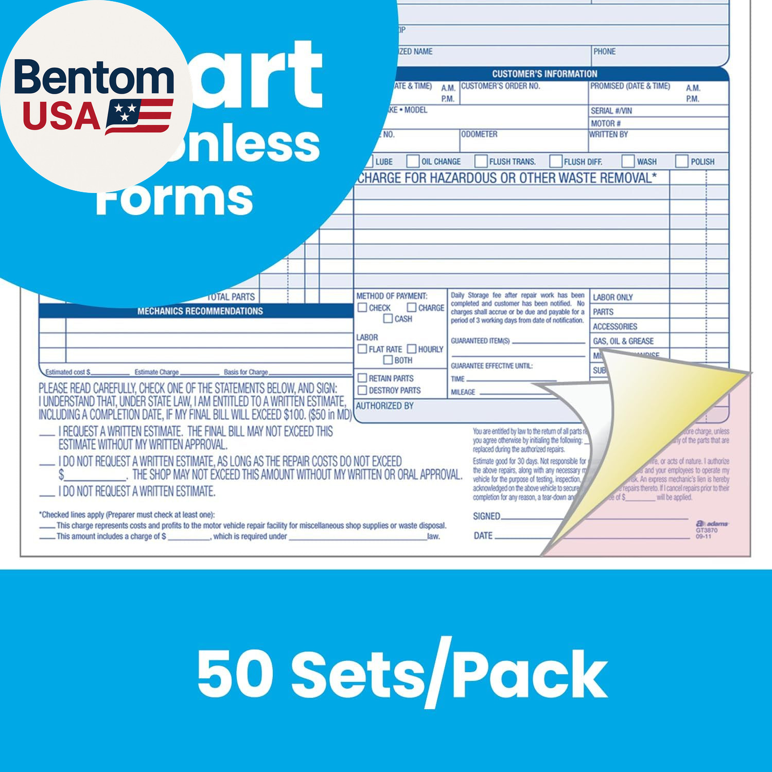 Auto Repair Order Forms, 8.5 X 7.44 Inch, 3-Part, Carbonless, 50-Pack, White and