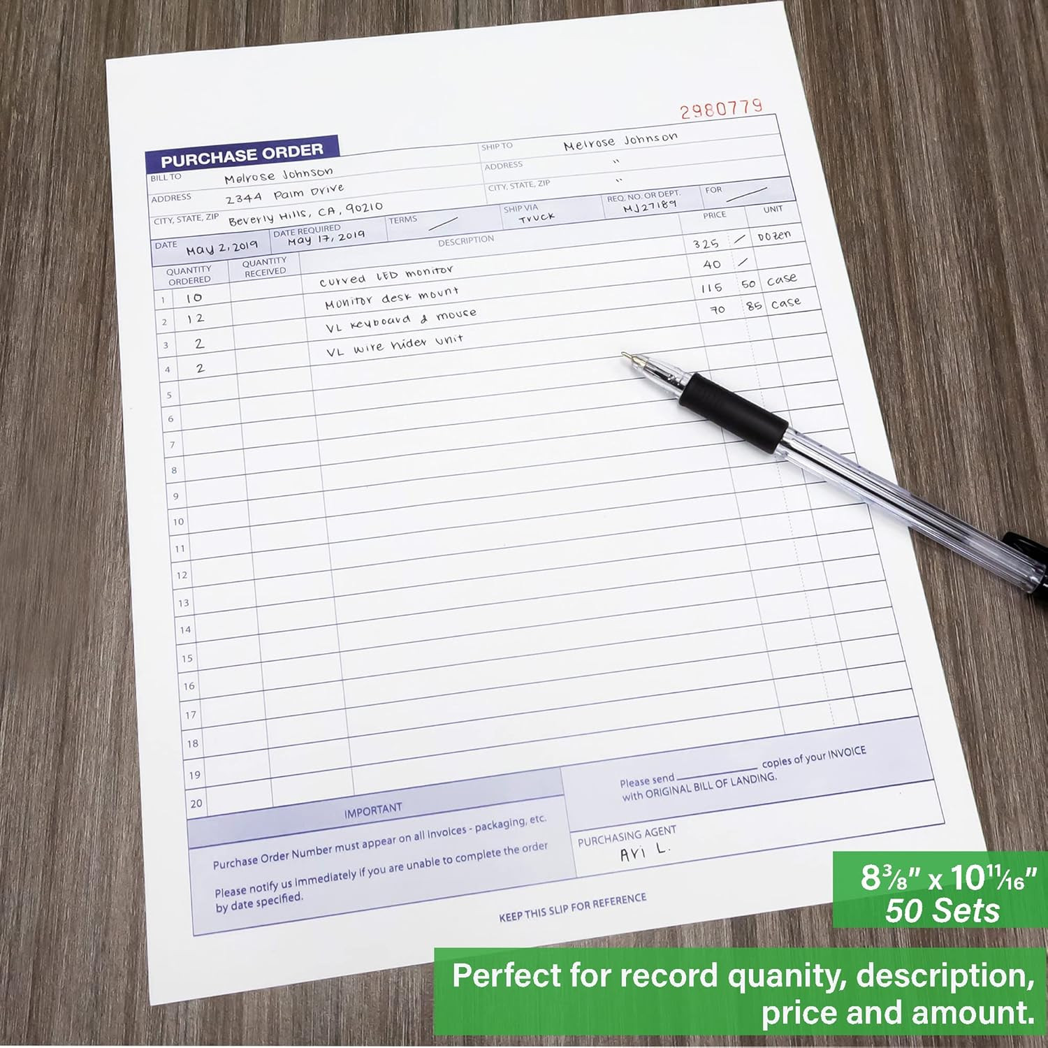 Purchase Order Book, 50 Sets 8 3/8″ X 10 11/16″ 2-Part Carbonless, White & Bound