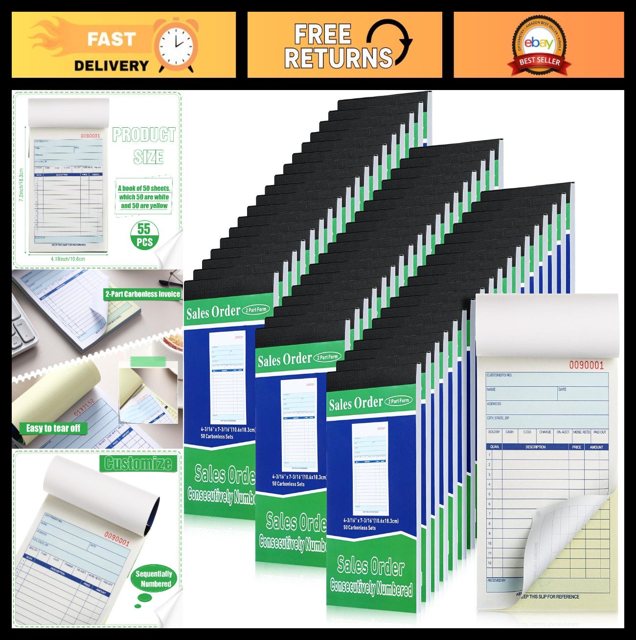 55 Carbonless Sales Order Books – 2 Part Receipt Forms, 50 Sets, 4.18×7.2 Inch