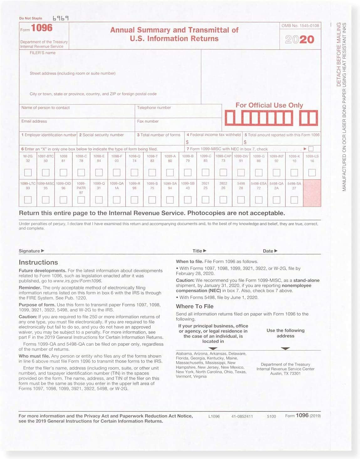 Tops 2020 1099-MISC Tax Kit and 1096, Laser Tax for 50 Recipients (Vendors)