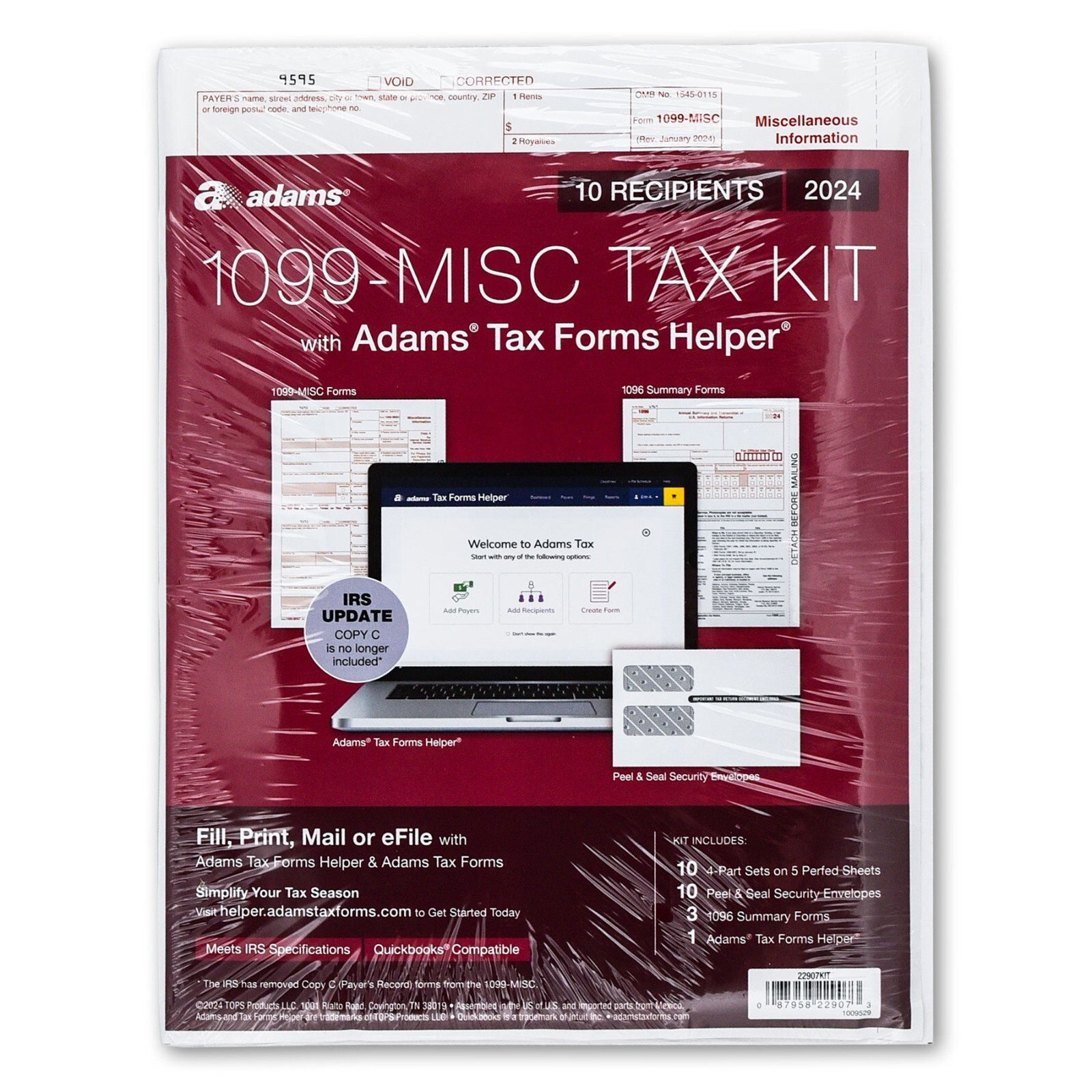 2024 Adams 22907KIT 1099-MISC 4-Part Tax Forms Plus 1096 for 10 Recipients