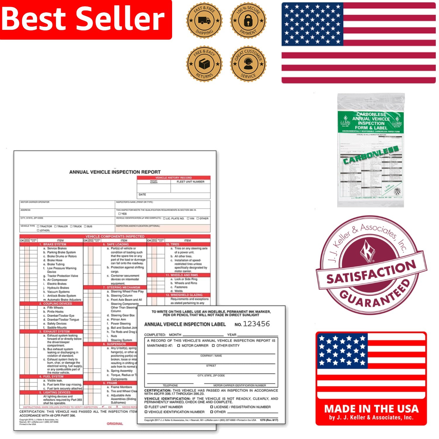 Annual Vehicle Inspection Report Kit 3-Ply Carbonless Forms with 5×4 Vinyl Label