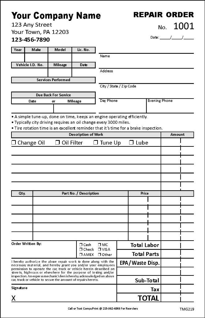Custom Automotive Repair Order Form / 2 Part or 3 Part / 5.5 x 8.5 / TMG219