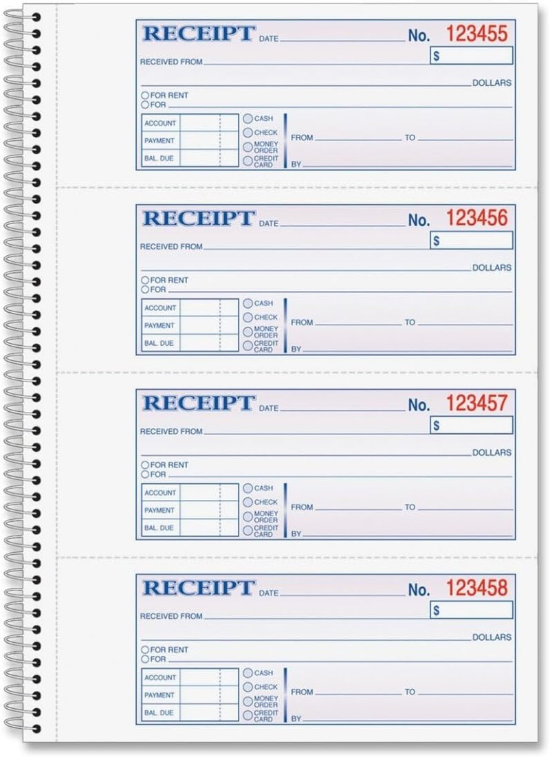 Money and Rent Receipt Book, 2-Part Carbonless, 7-5/8″ x 11″, Spiral Bound, 200