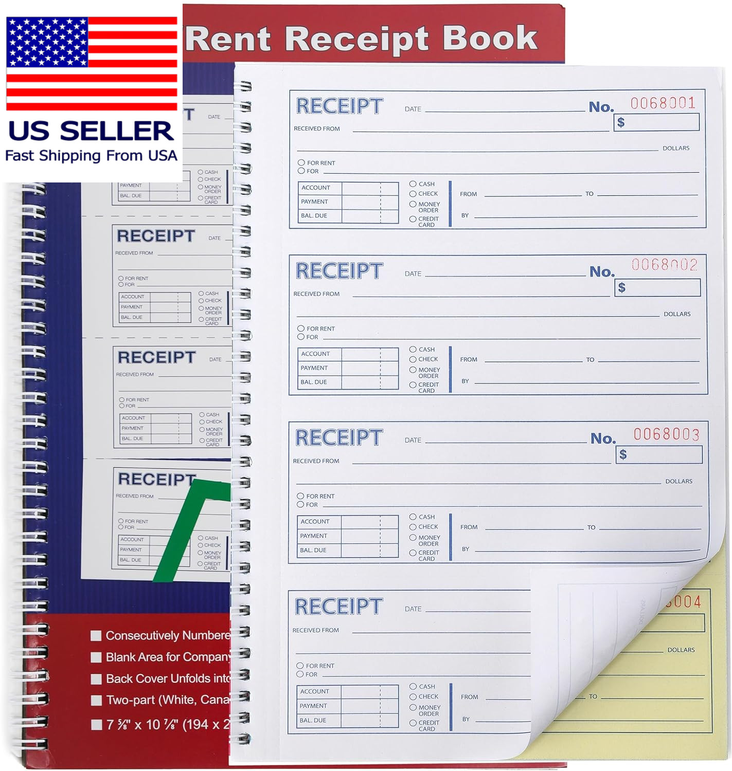 Money Rent Receipt Book 2 Part Carbonless Spiral Bound 200 Sets 1 Pack
