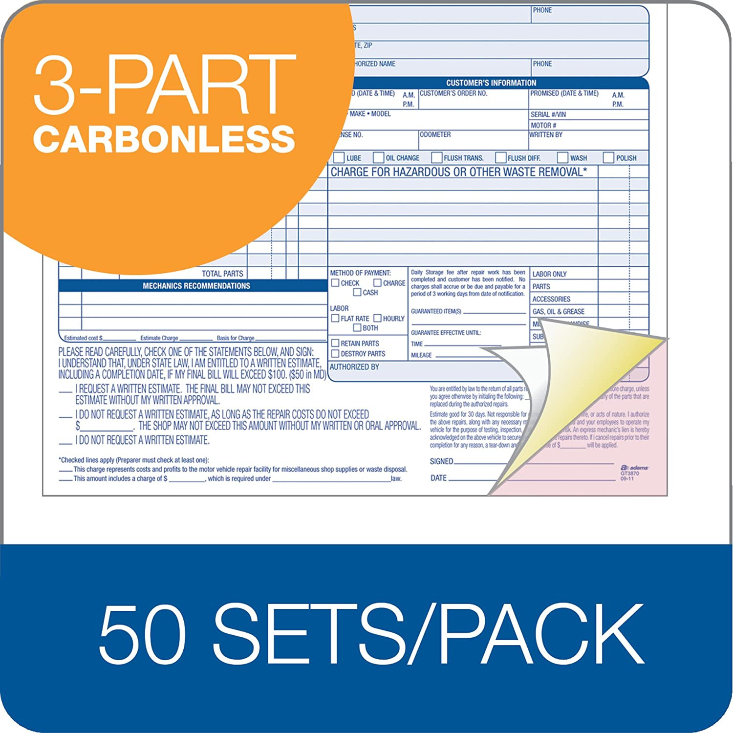 Adams Auto Repair Order Forms, 8.5 X 7.44, 3-Part, Carbonless, 50-Pack (GT3870)