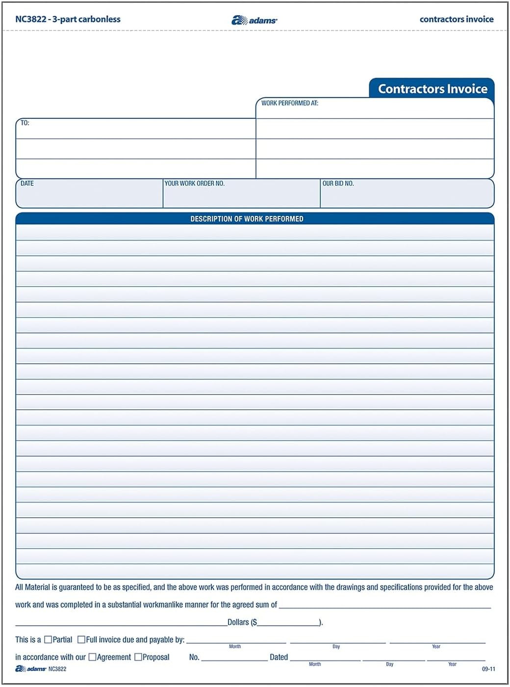 Contractor Invoice Forms, 8.5 X 11.44 Inch, 3-Part, Carbonless, 100-Pack, White,