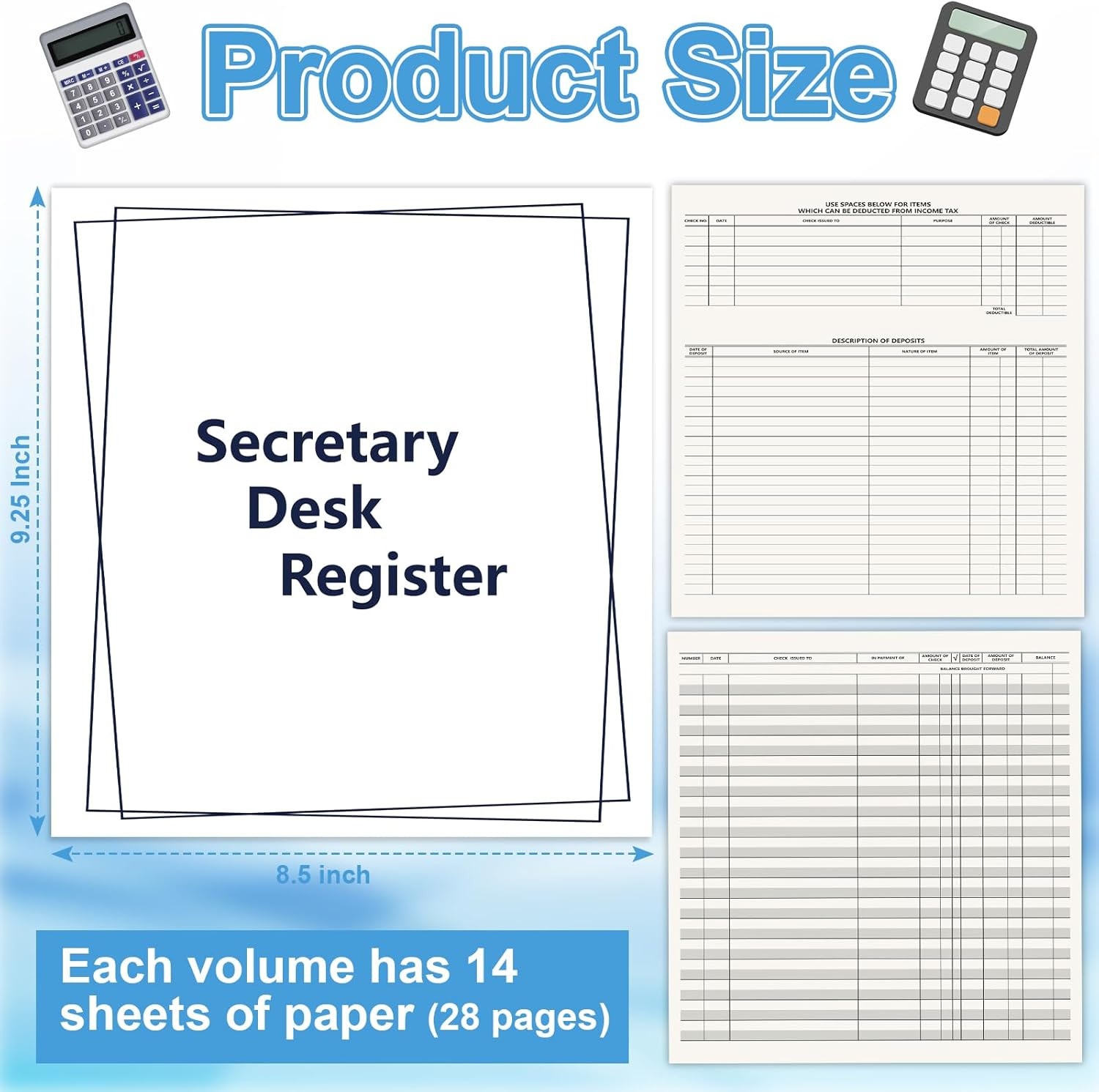 10 Pack Check Desk Registers 8.5 x 9.25 Inch Large Checkbook Register Secretary