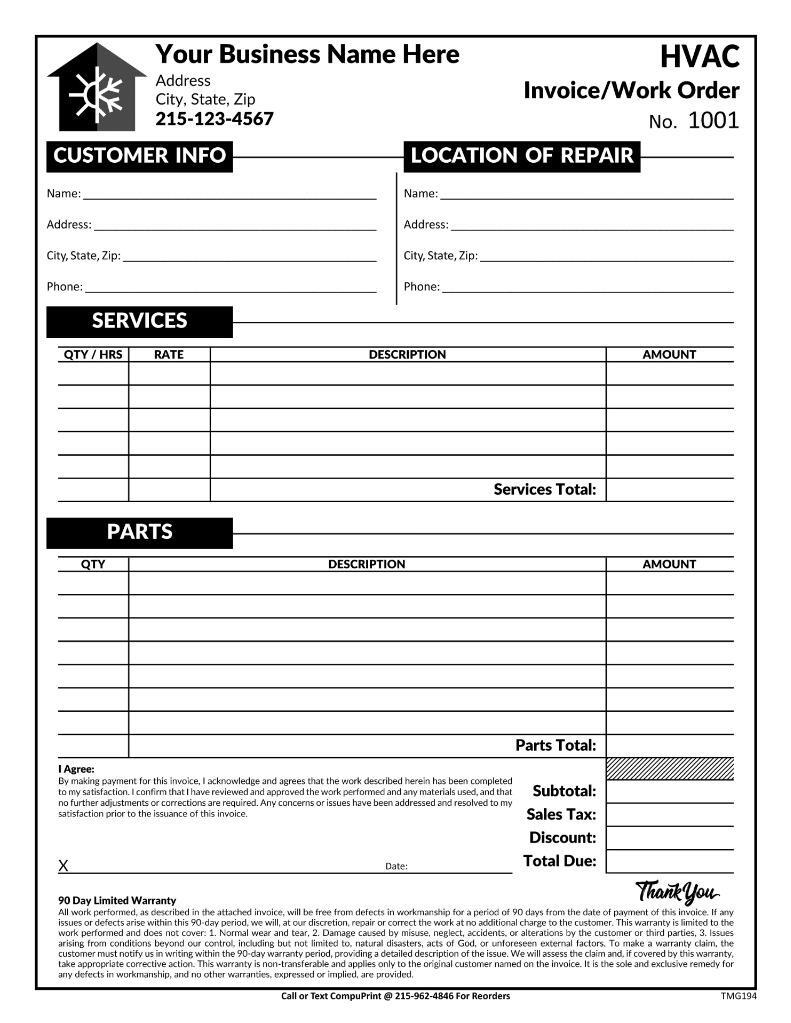 Custom HVAC Invoice Work Order Form / 8.5 x 11 / 2 or 3 Part / TMG194