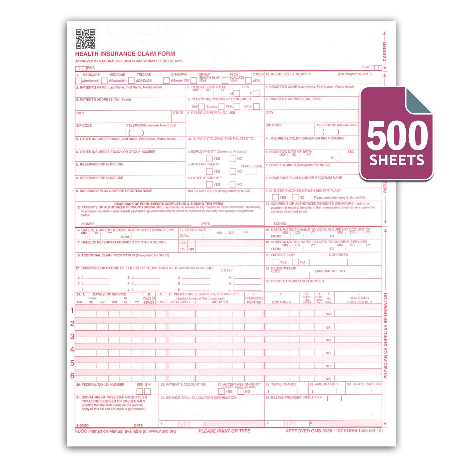 NextDayLabels – CMS 1500 / HCFA 1500 Insurance Claim Forms – 500, white