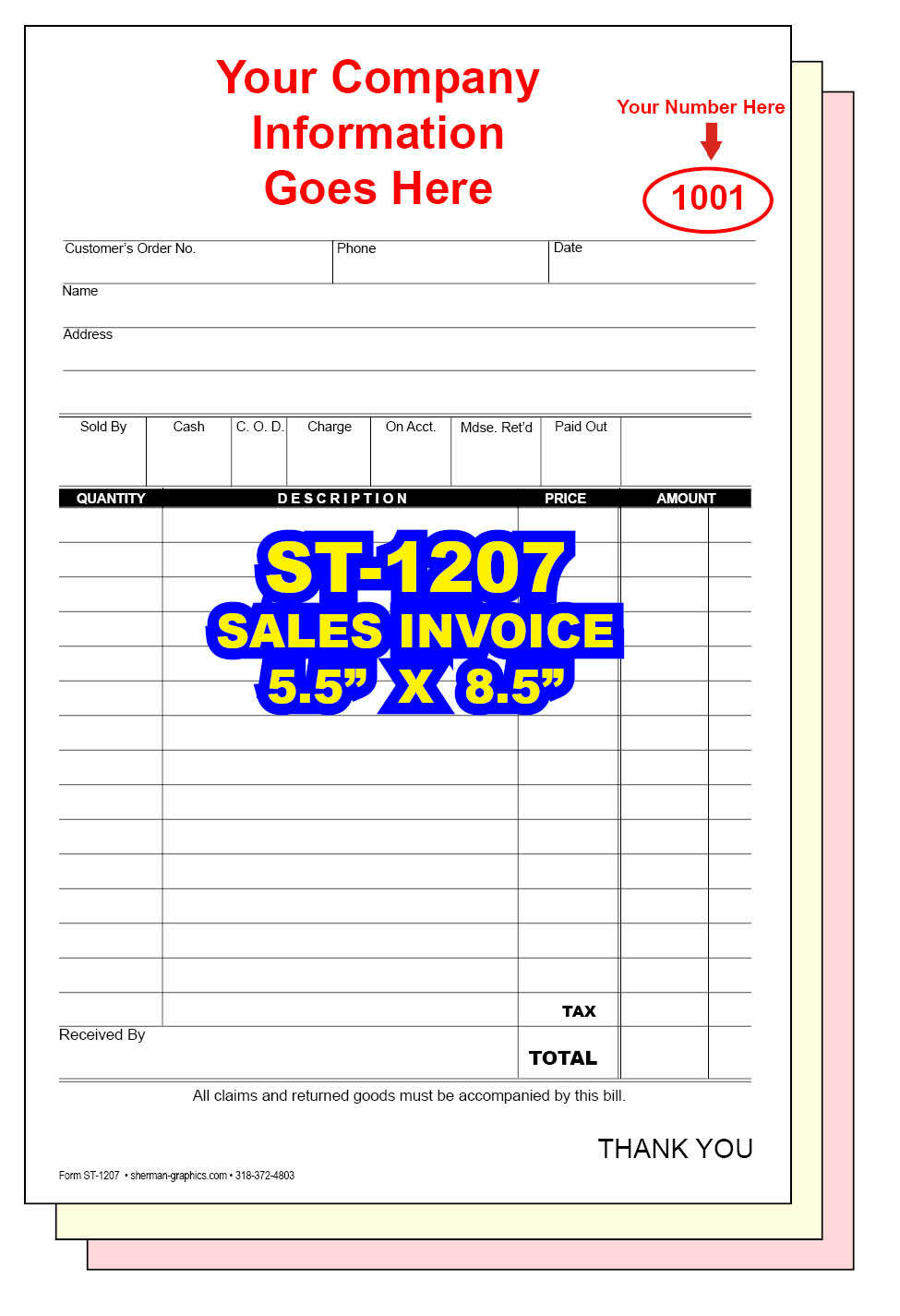 SALES INVOICE CUSTOM PRINTED 2 or 3 Part Carbonless