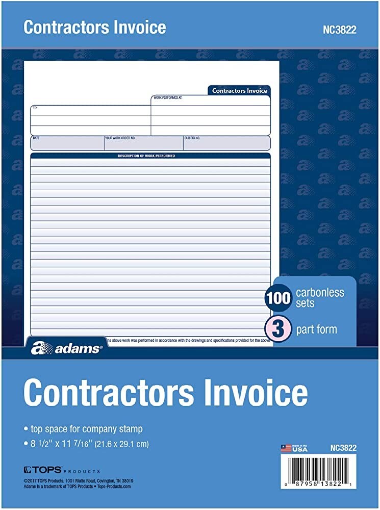 Adams NC3822 Contractors Invoice, 100 Carbonless Sets, 3 Part Form