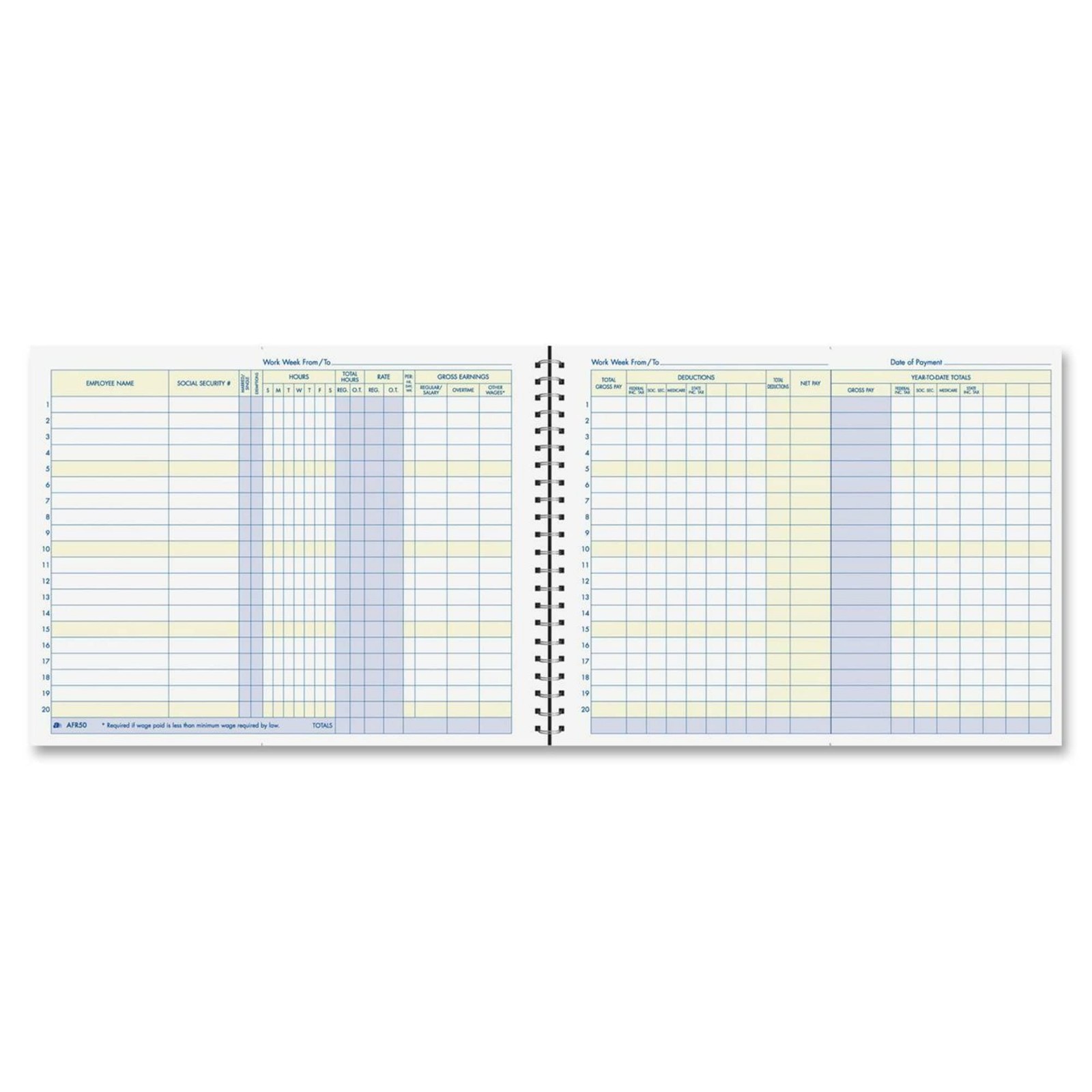 Adams Weekly Payroll Record, 20 Employee Capacity, Spiral Binding, 11 x White