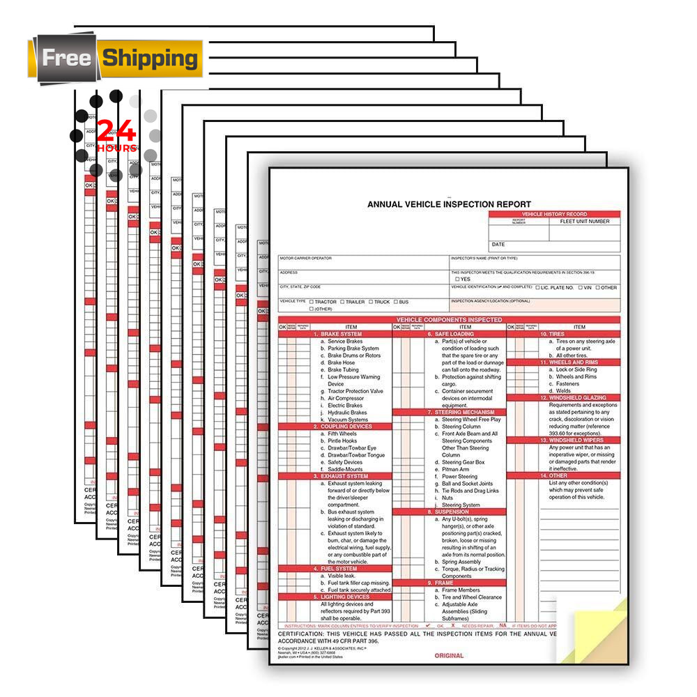 J. Keller 10-Pack, Annual Vehicle Inspection Report Forms, 3-Ply 10-pack