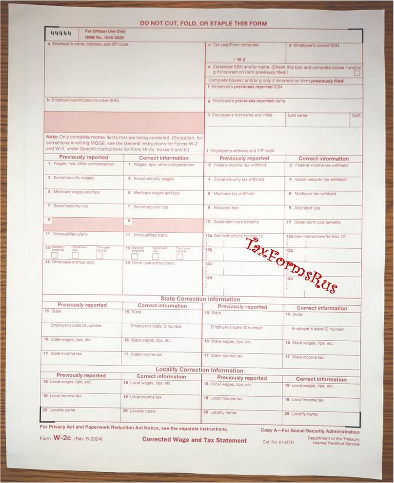 IRS Tax Form W-2c Corrected Wage/Tax Stmt single sheet set 1 employee, NON-cbnls