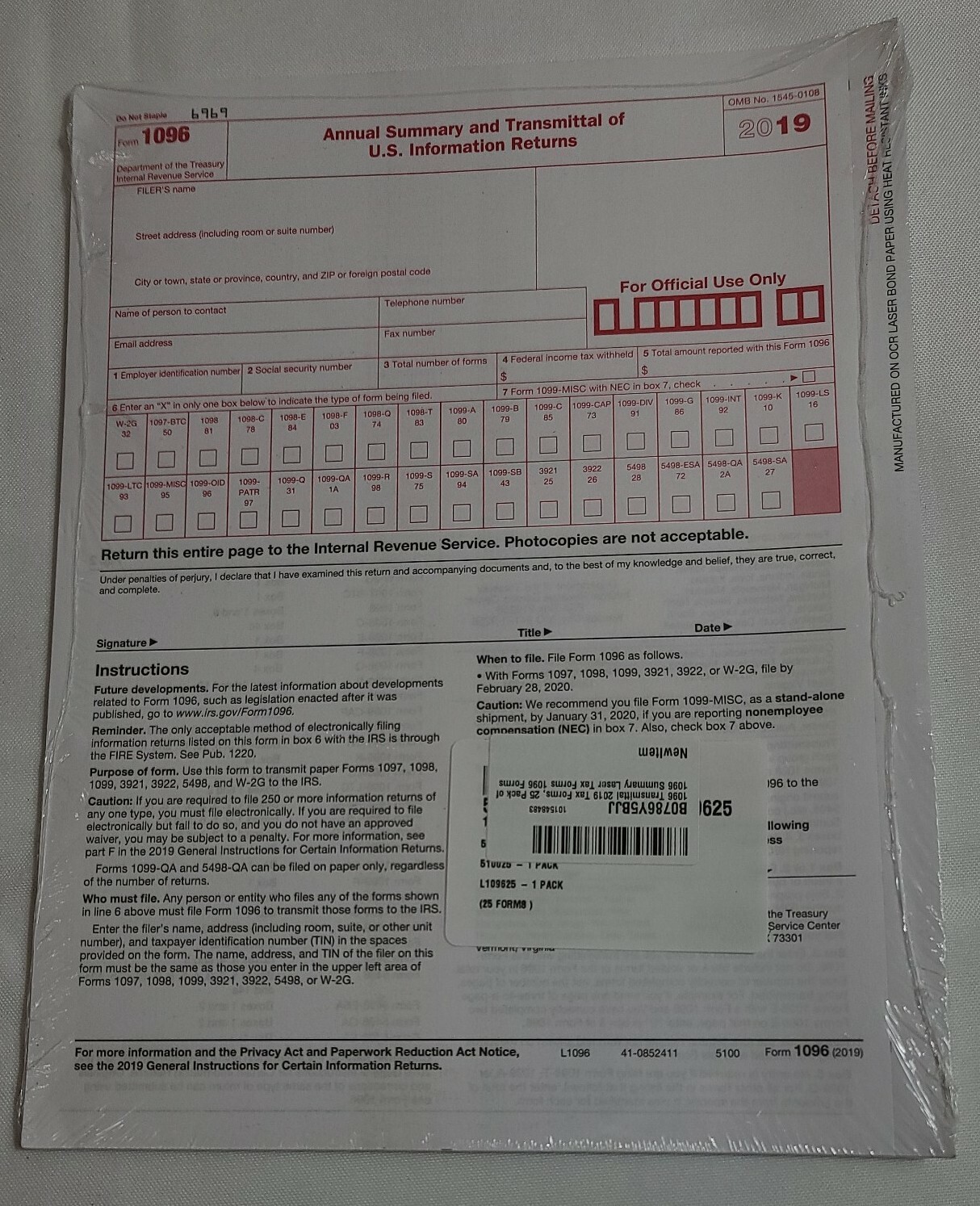 25-pack-Transmittal 2019 Tax Form 1096 Summary Laser Tax Forms 1096 Forms
