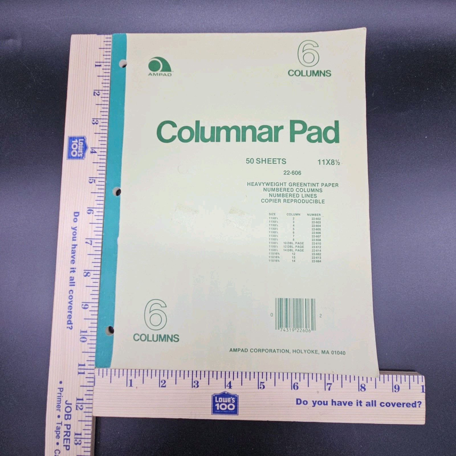 AmPad 6 Column Double Page Columnar Ledger Pad 11 X 8 1/2, Greentint 22-606