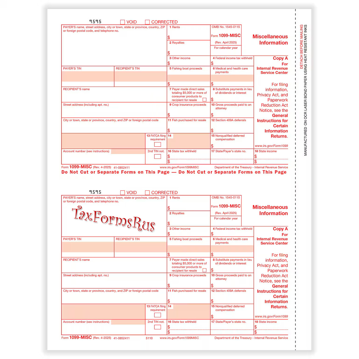 2025 IRS Tax Form 1099-MISC Laser 4 recipients + (1)1096 #TF6103 4-pt — NO Env