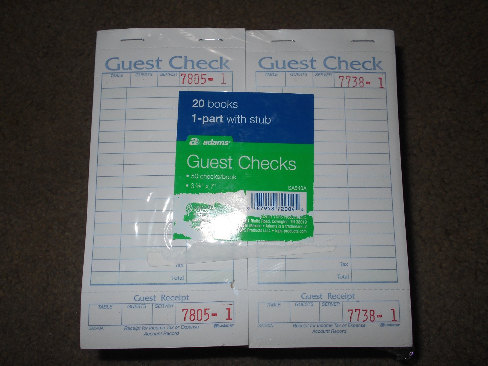 Adams 1-Part Guest Check Books w/stubs 3 3/8 x 7, 20 Pads, 1000 total checks