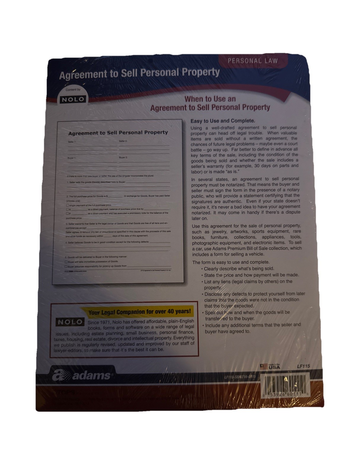 ADAMS PERSONAL LAW AGREEMENT TO SELL PERSONAL PROPERTY LF115-SB/1213-0110