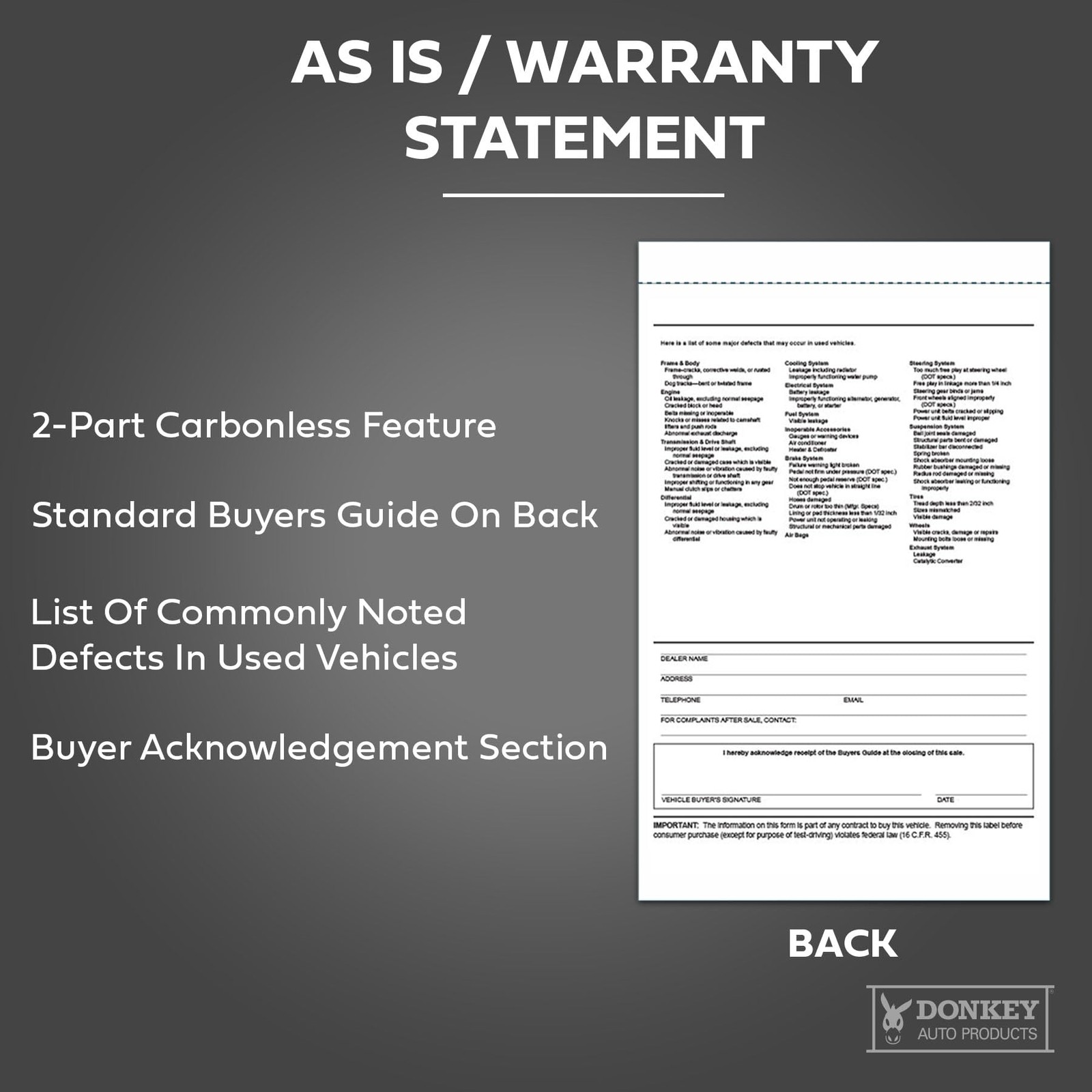 Donkey Auto Products 2 Part Buyers Guide Form – Adhesive Tape – English – As is