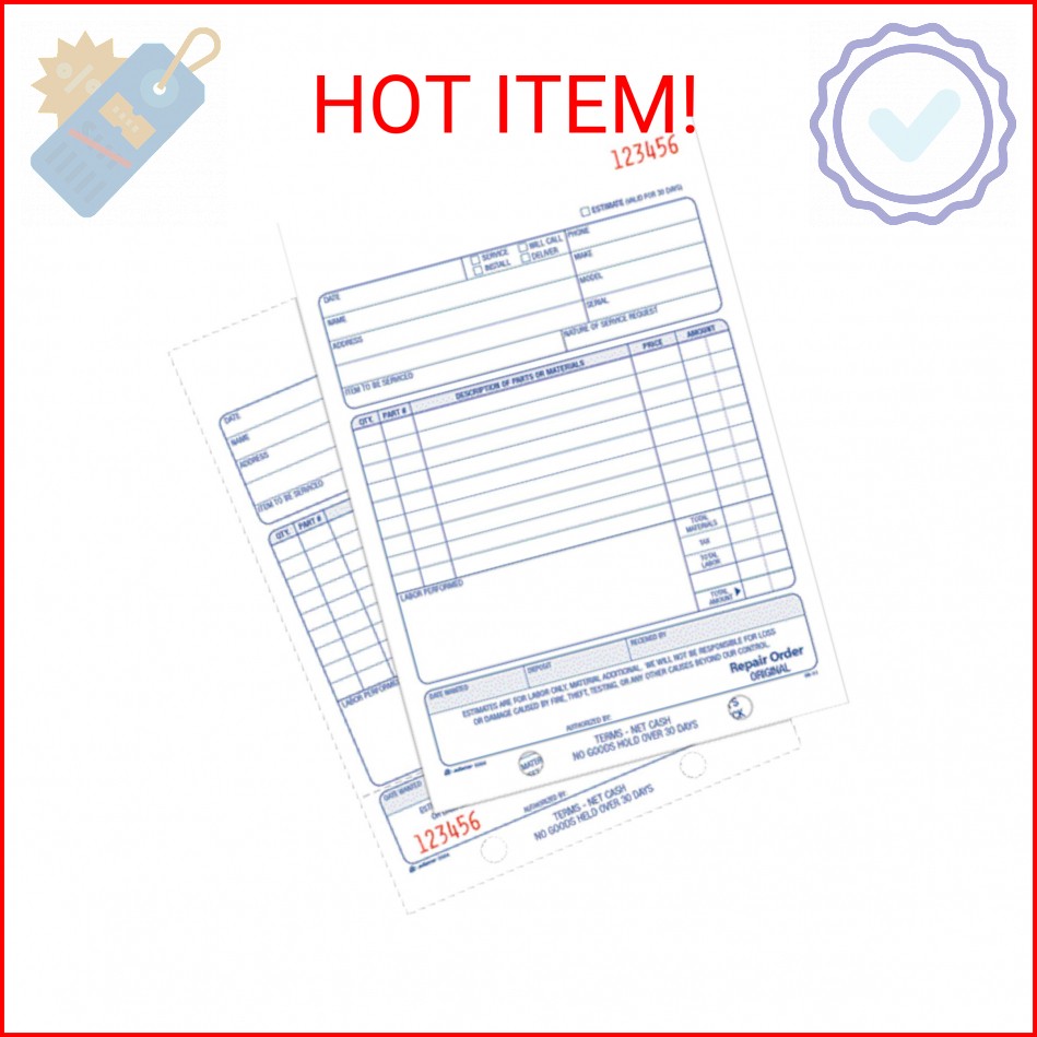 Adams Repair Order Book, Carbonless, 2-Part, White/White, 5-9/16 x 8-7/16 Inches