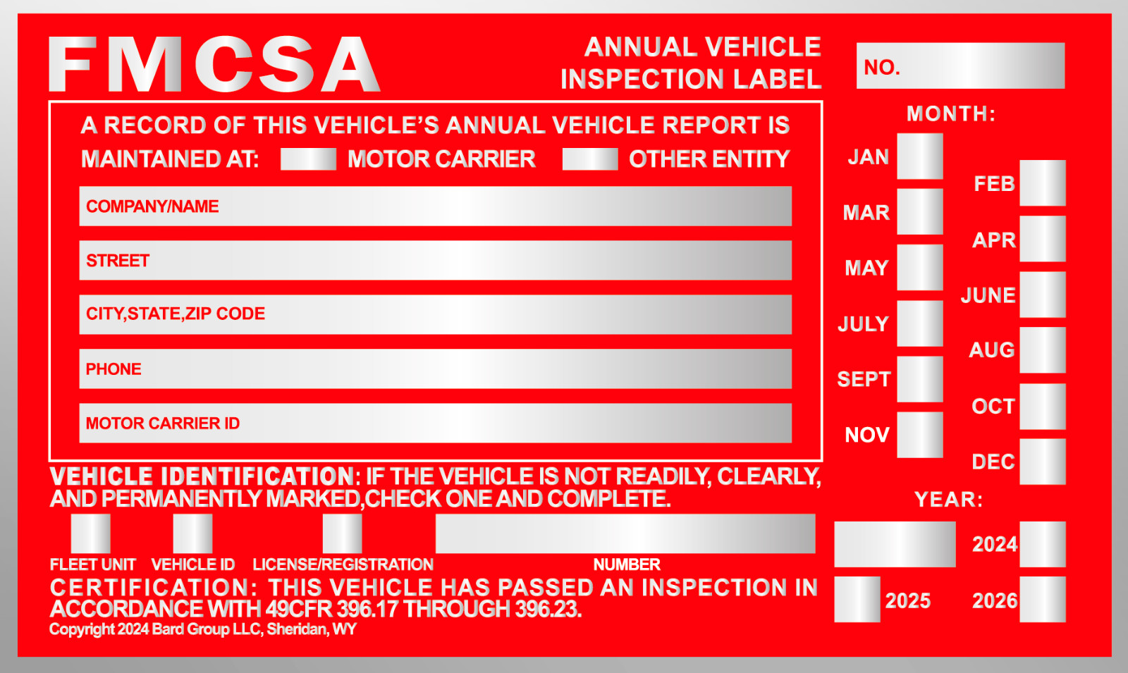 Annual Vehicle Inspection Label Sticker Aluminum FMCSA DOT 6″ x 3.5″. 60-PACK.