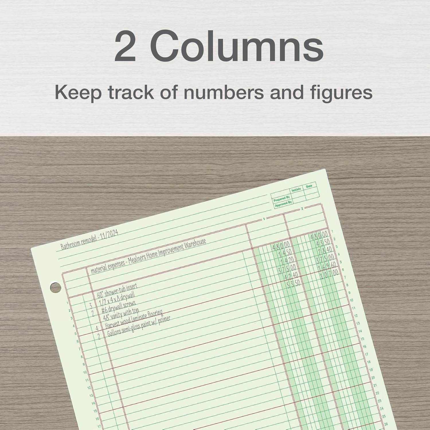 Columnar Analysis Pad, 2 Column Ledger, 8.5″ X 11″, 100 Pages (50 Sheets), Green