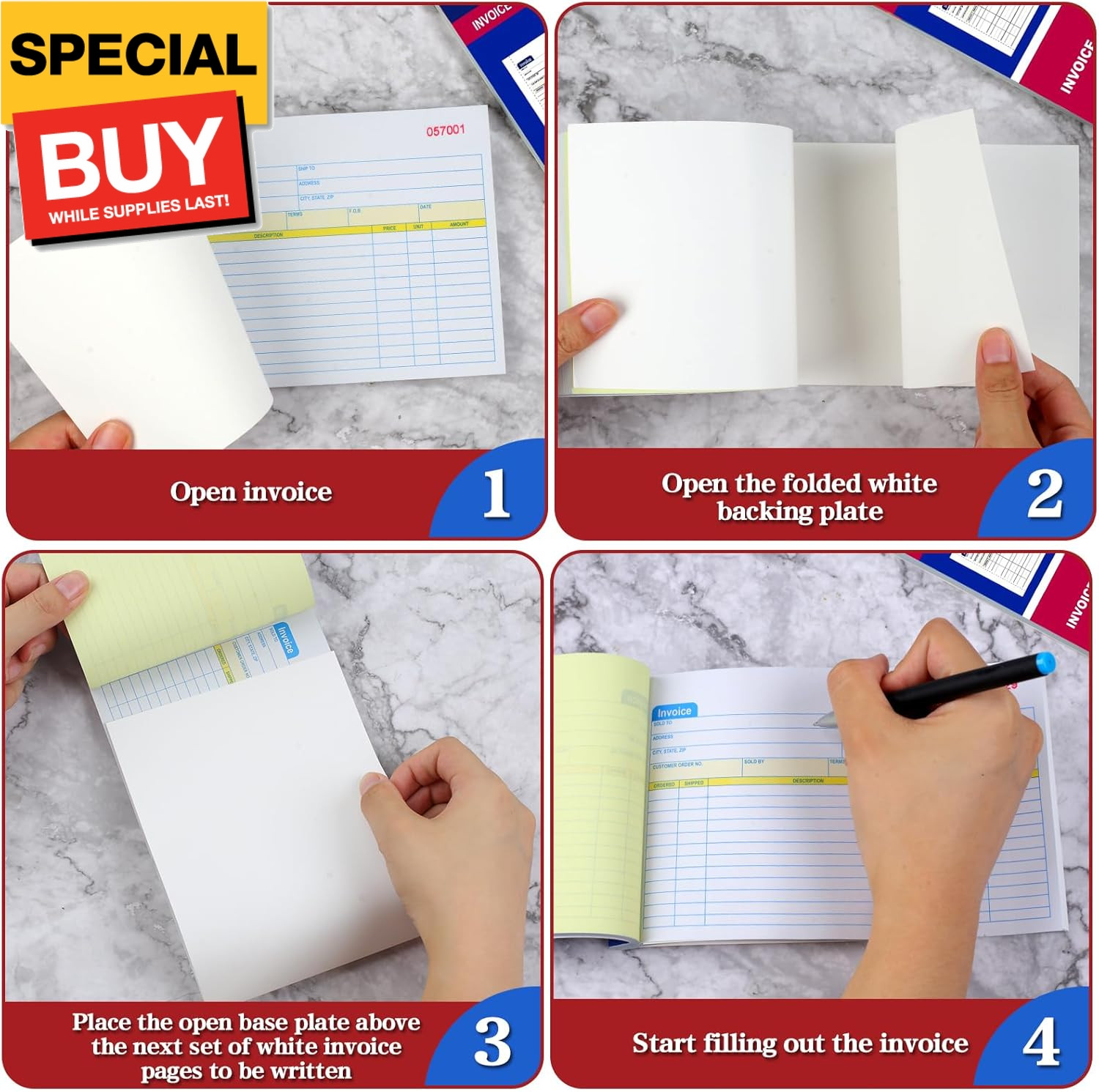 2 Packs Invoice Book for Small Business 2-Part Carbonless, 5-1/8”x7-29/32” Recei