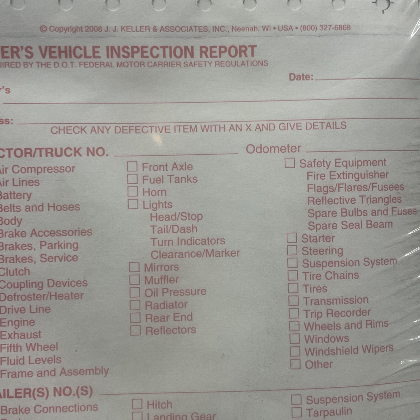 Tractor Truck Driver’s Vehicle Inspection Report 250-pk., 2-Ply Carbonless