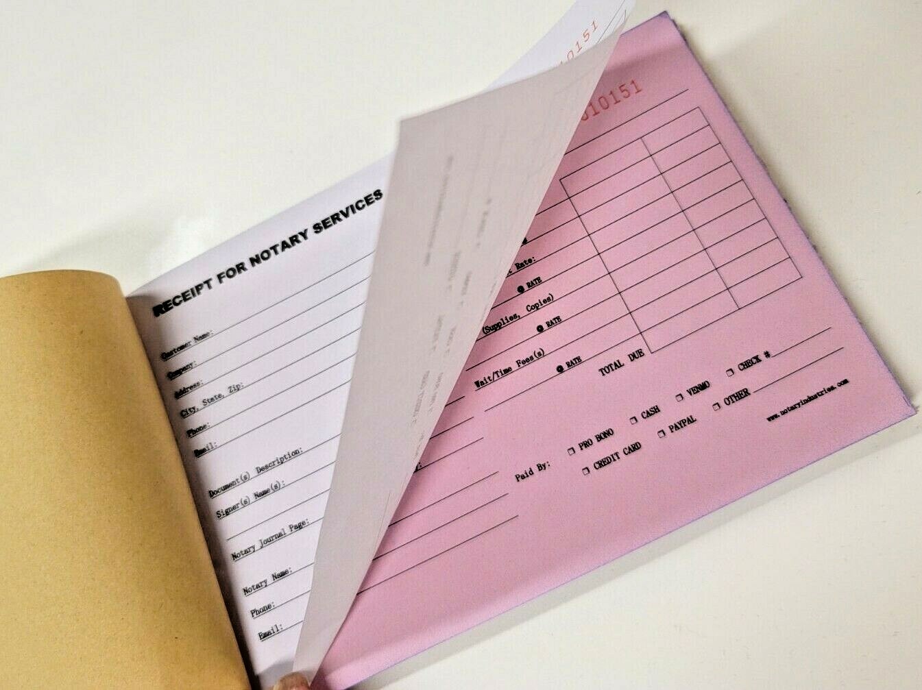 3-pack Receipt for Notary Services Book 50 x 2-ply Duplicate Pink/White Public