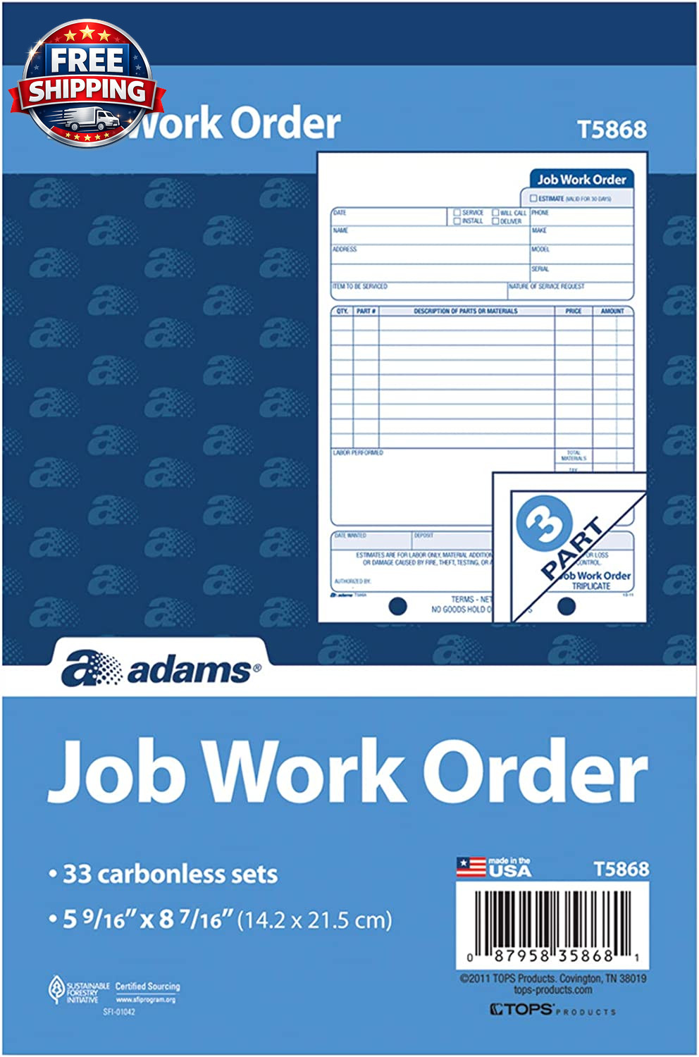 Job Work Order Book, 3-Part Carbonless, White/Canary/White, 5-9/16 X 8-7/16 Inc