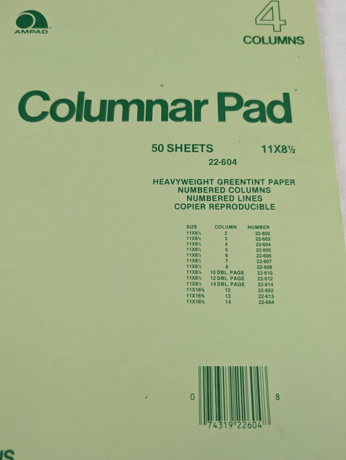 Vintage AMPAD Columnar Pad 4 Column 50 Sheets 11 x 8 1/2″ #22-604