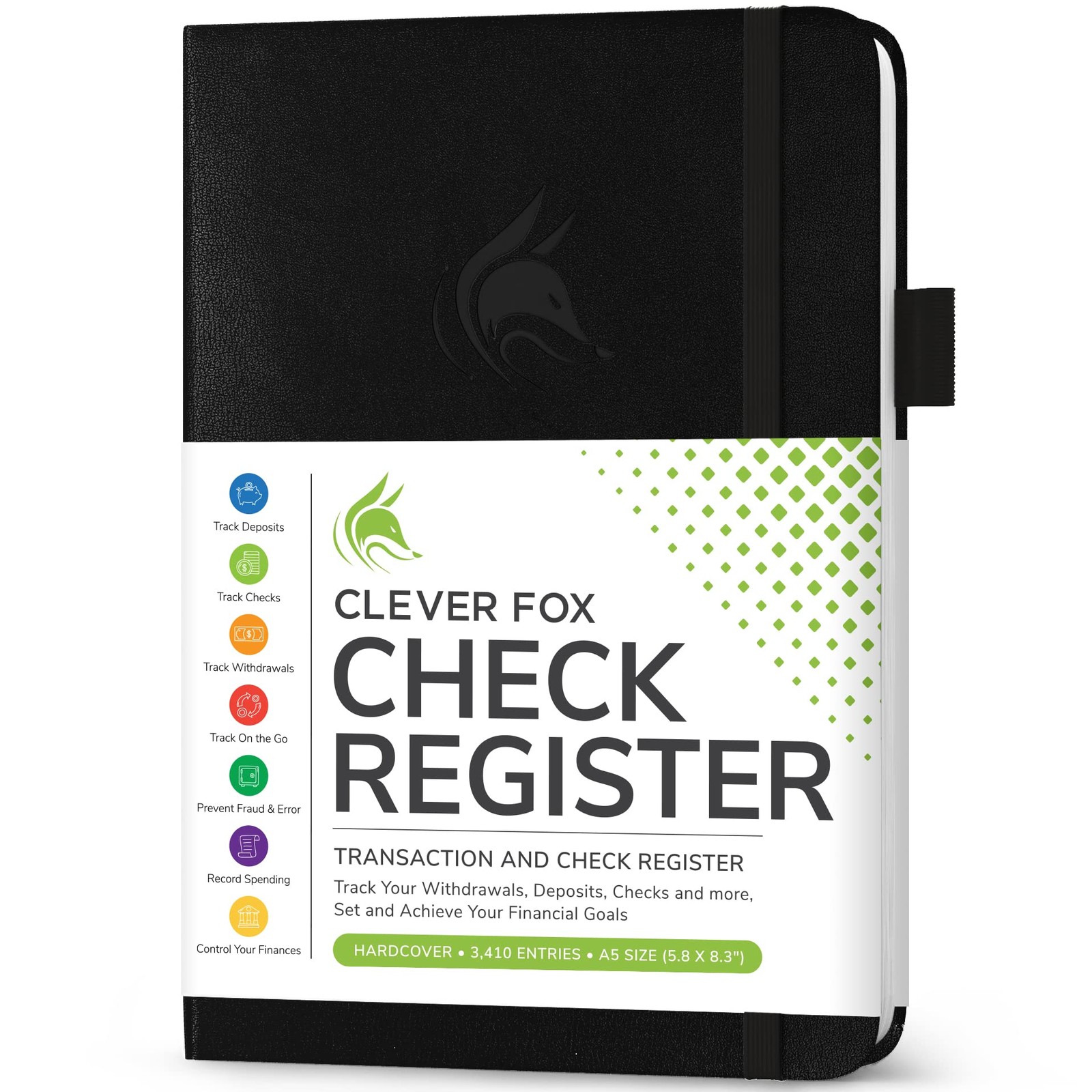 Clever Fox Check Register Book – Deluxe Transaction A5 (5.8” x 8.3”), Black