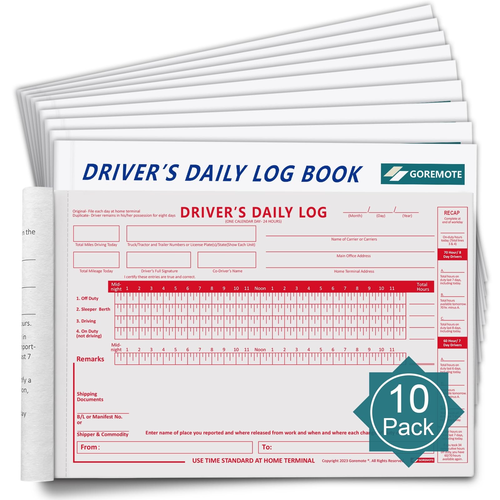 Daily Log Books for Truck Drivers with 7 & 8 Day Recap, 10 Pack, 2-Ply…