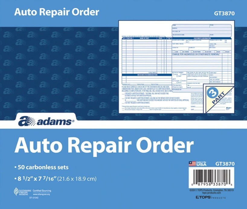 Auto Repair Order Forms, 8.5 x 7.44 Inches, 50-Pack, White and Canary