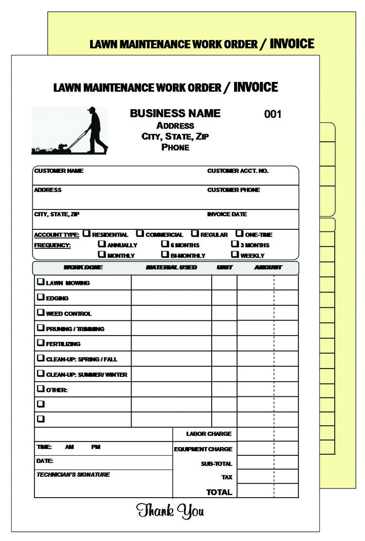 200 LAWN AND GARDENER WORK ORDER INVOICE – NUMBERED 2 PART CARBONLESS