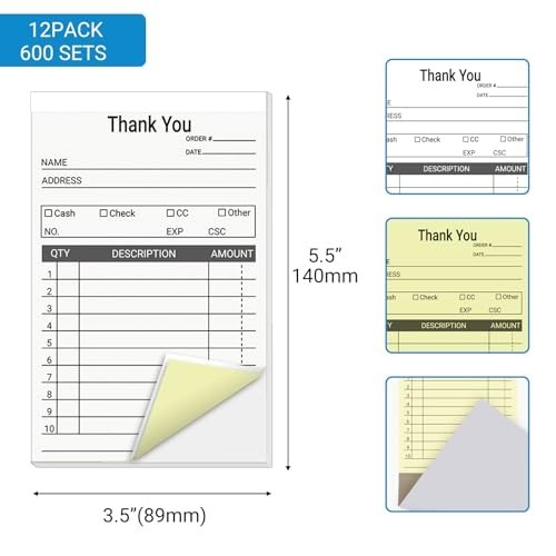 12 Pack Carbonless Receipt Books for Small Business, 3.5×5.5 Inch, 600 Sets
